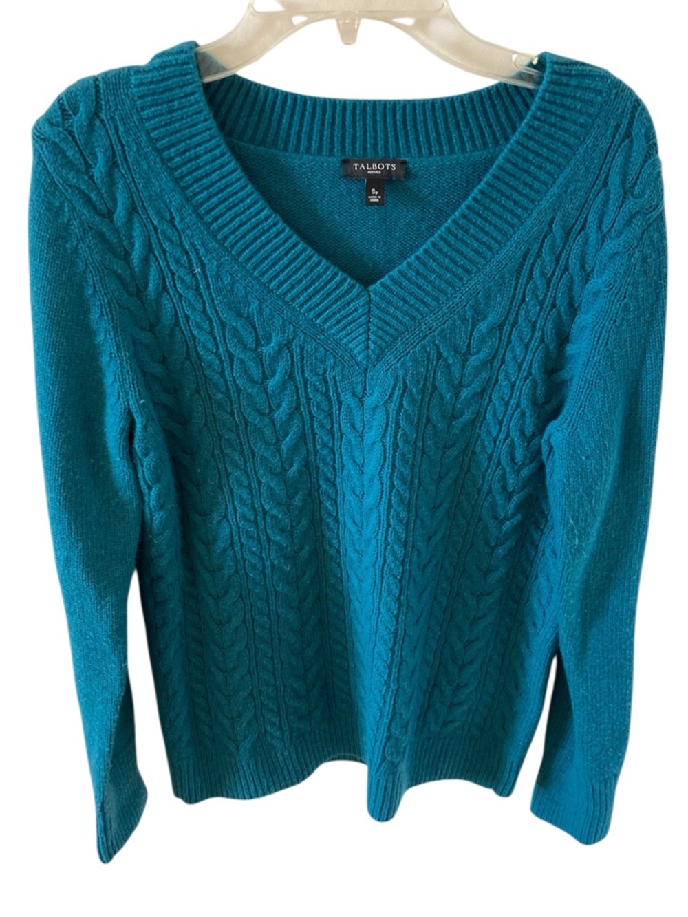 Talbots Cable Knit V-Neck Lambswool Sweater SP Teal